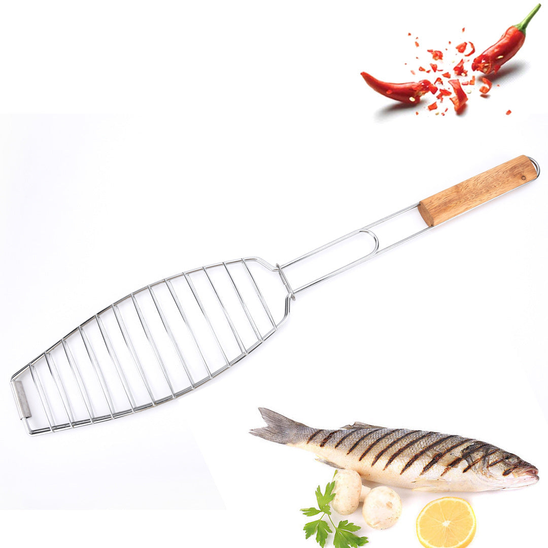 Fischgrillkorb Für Ganze Fische Aus Edelstahl mit Formschlüssigem Klappgitter und Hitzeisolierendem Holzgriff Brehn