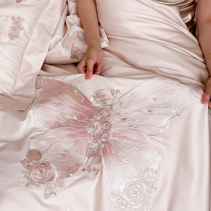 Seidengefühl Satin Schmetterling Bestickte Bettbezug und Kissenbezug Bettwäsche Ensemble