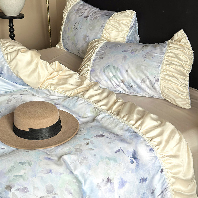 Elegantes Satin-Bettwäscheset mit Aquarell-Blumenmuster, Volant und gerafften Kissenbezügen