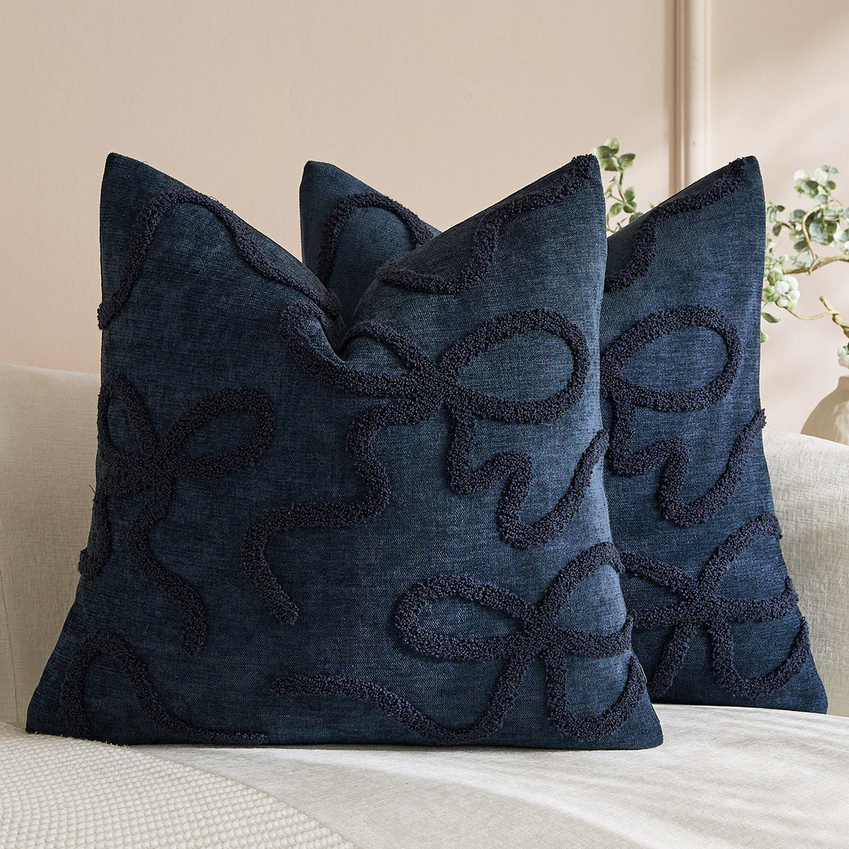 Quadratisches, strukturiertes Loop-Appliqué-Leinen-Mischkissenbezug