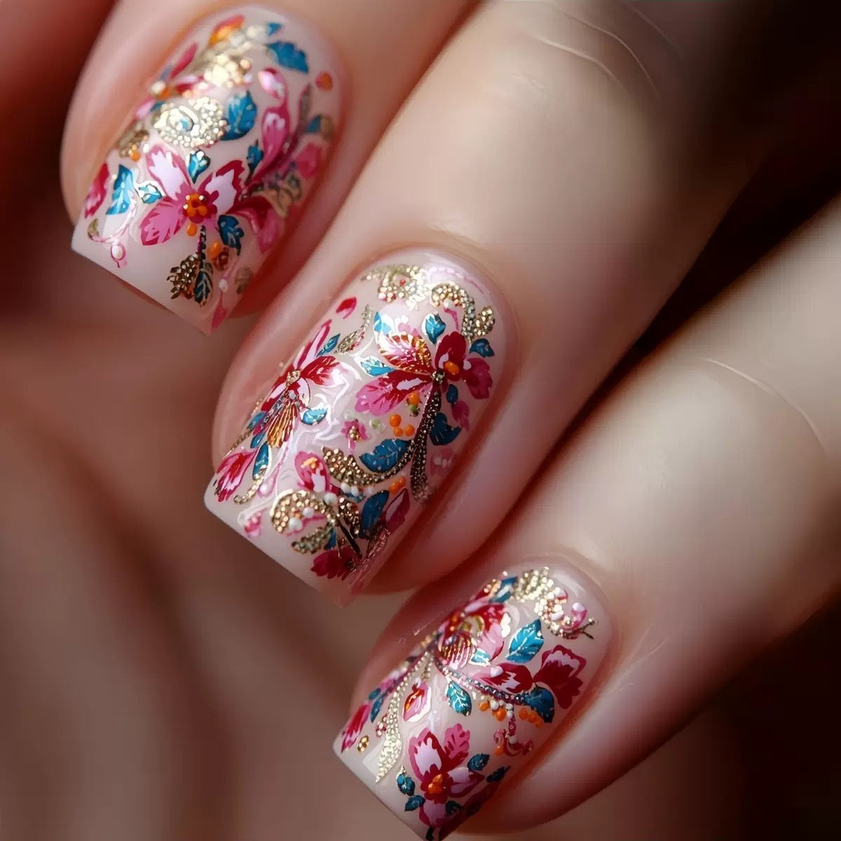 Kunstnagelset mit detailreichen floralem Design Brehn