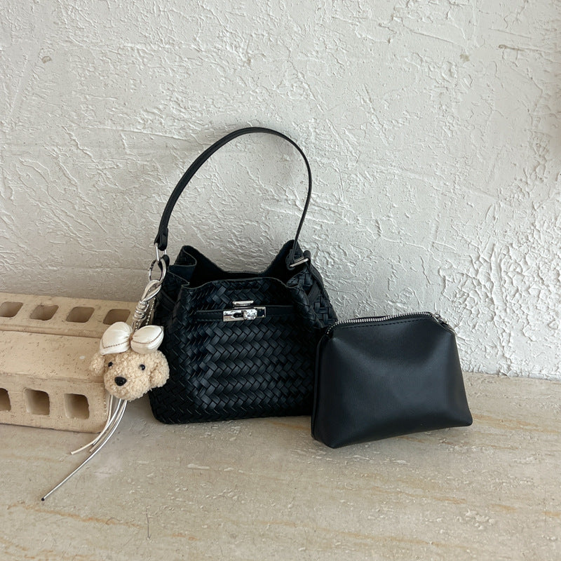 Woven Leather Bucket Tote Bag