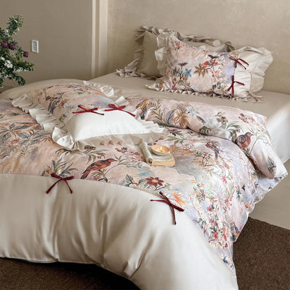 Floral Rüsch Satin-Feel Bettbezug Set mit Vogelprint und Band-Tie Kissenbezügen