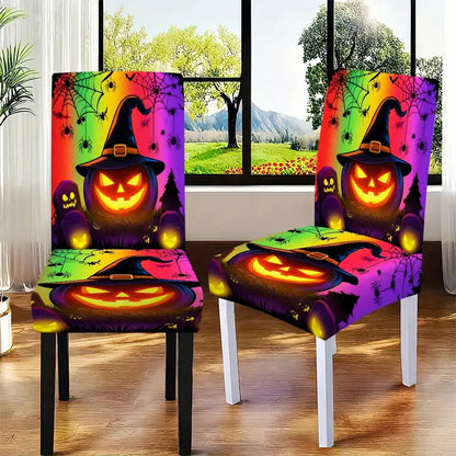 Elastische Stretch-Stuhlhusse für hohe Rückenlehnen mit detailreichem Halloween-Kürbis-Print