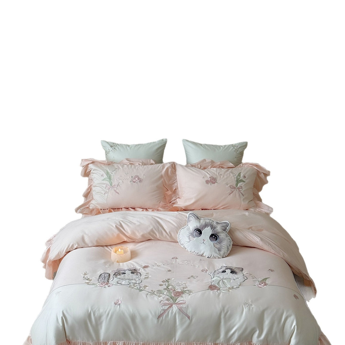 Luxuriöses besticktes Rüschensatin-Bettbezug-Set mit süßem Katzenmotiv