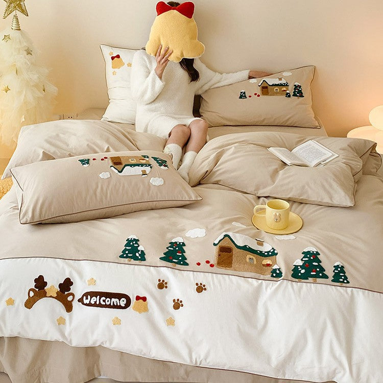 Kuscheliges Bettwäsche-Set mit bestickten Winterhaus- und Tannenbaum-Motiven