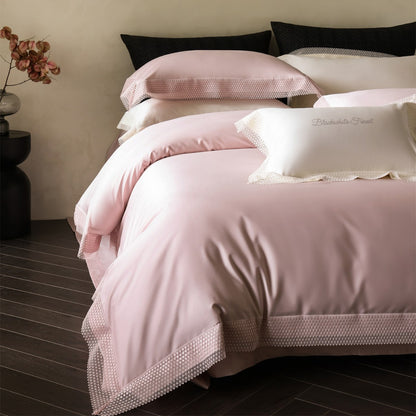 Seidiger Satin Bettwäsche und Euro Kissenbezug Set mit geometrischer Spitzenbordüre