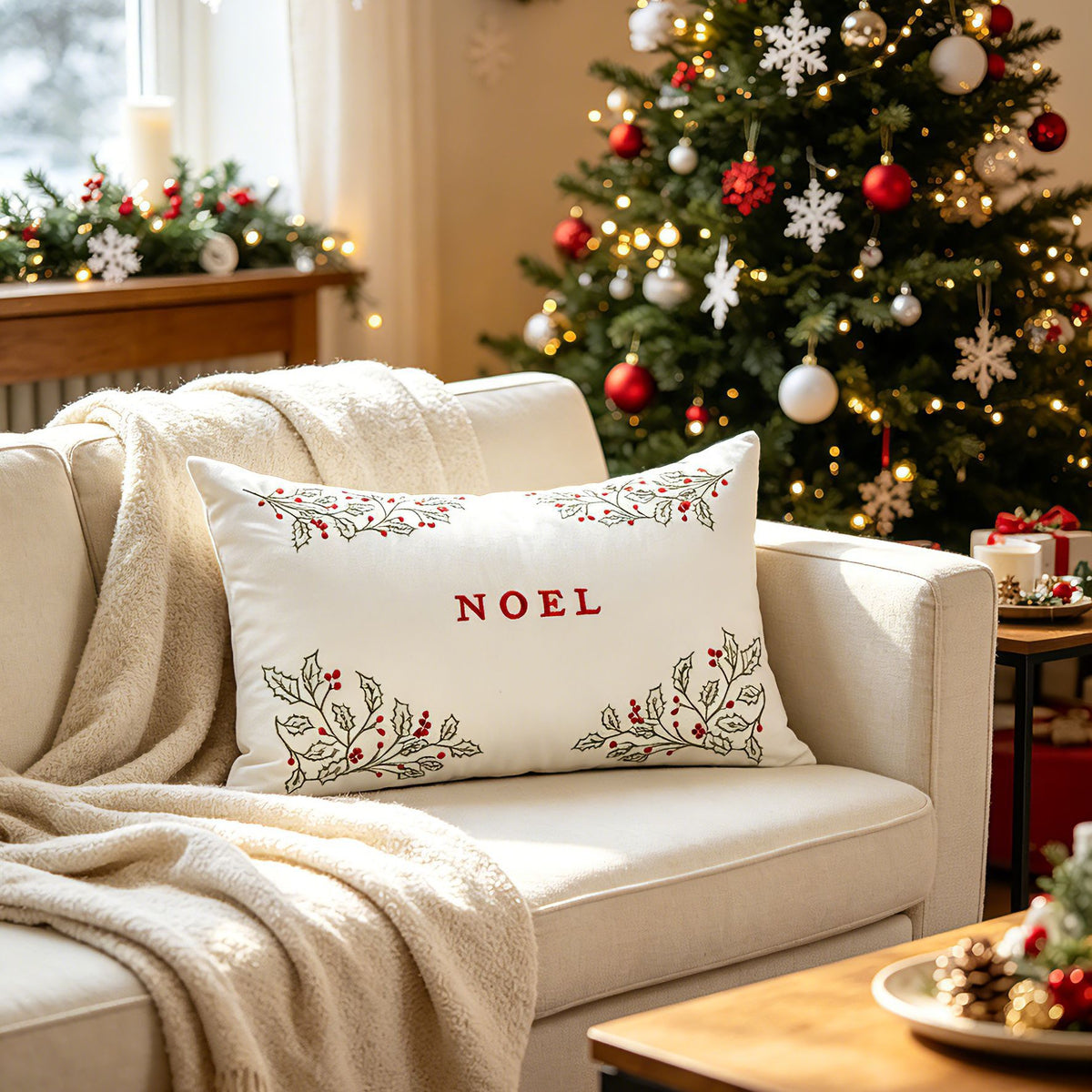 Bestickter Feiertags-Lendenkissenbezug mit NOEL-Stechpalmenmotiv