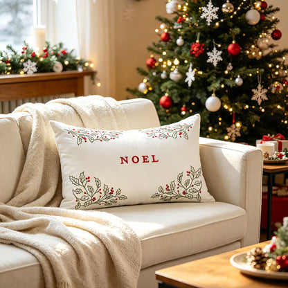Bestickter Feiertags-Lendenkissenbezug mit NOEL-Stechpalmenmotiv