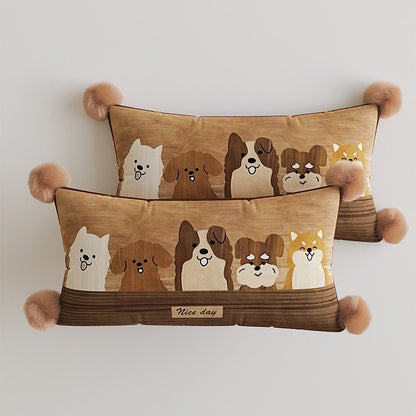Decorative Rectangular Throw Pillow with Pom-Pom Corners and Patchwork Cat Illustration