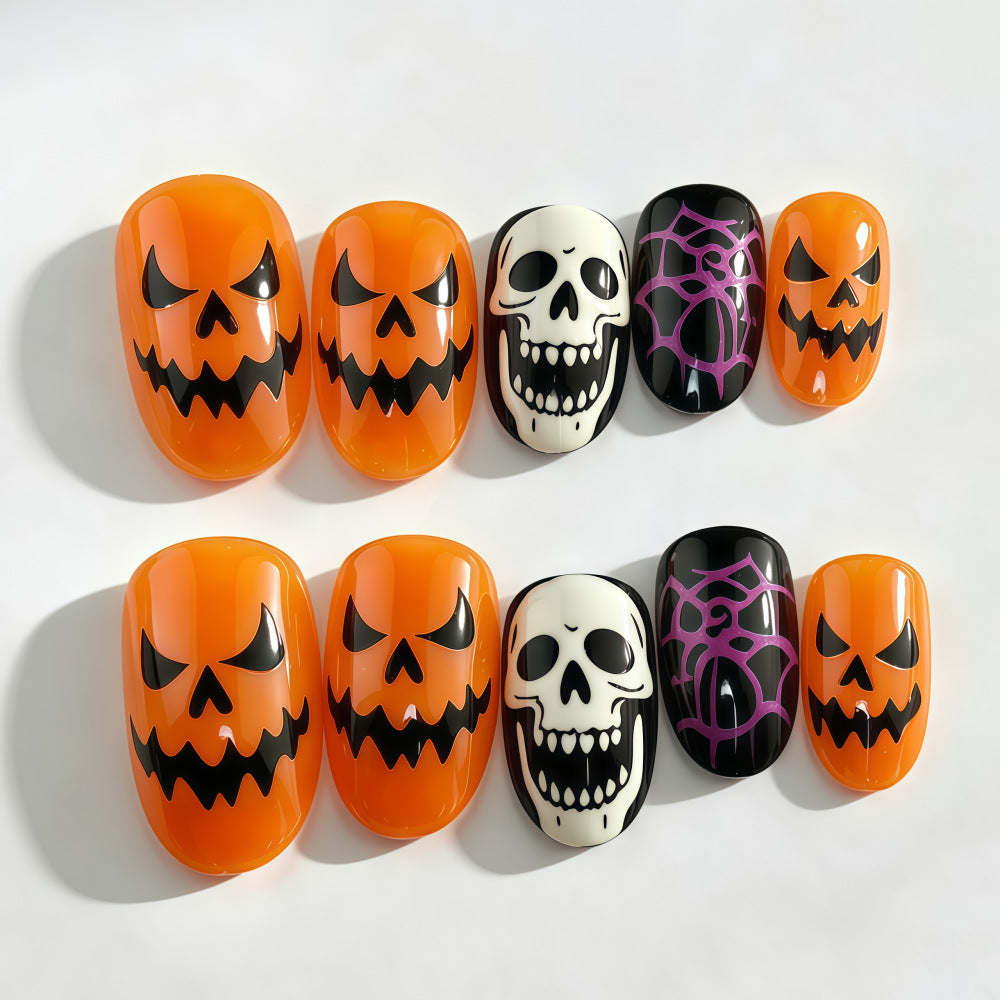 Halloween Kunstnägel Im Kreativen Kürbis- und Schädel-Design Brehn