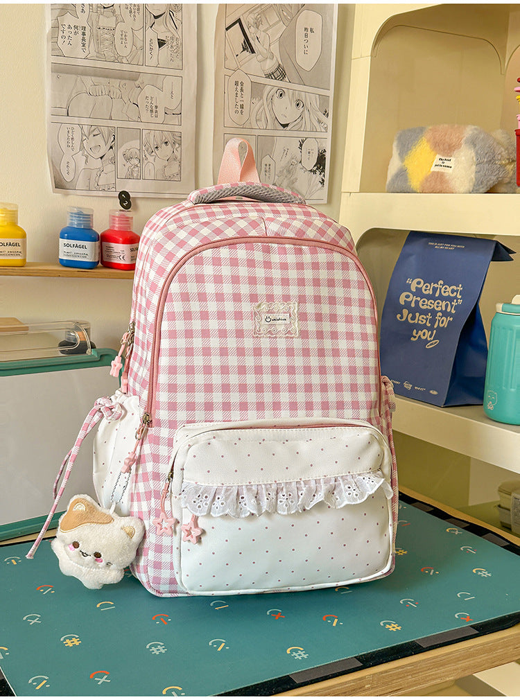 Niedlicher kariert gemusterter Mehrfach-Taschen-Schulrucksack
