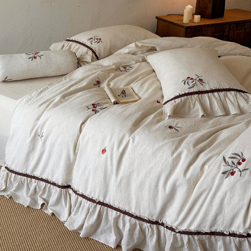 Cottage-Style Gewaschenes Leinen Bestickte Bettbezug Set mit Rüschensaum & Nackenrolle