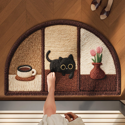 Half-Moon Embroidered Absorbent Non-Slip Entrance Doormat with Playful Cat & Coffee Motif