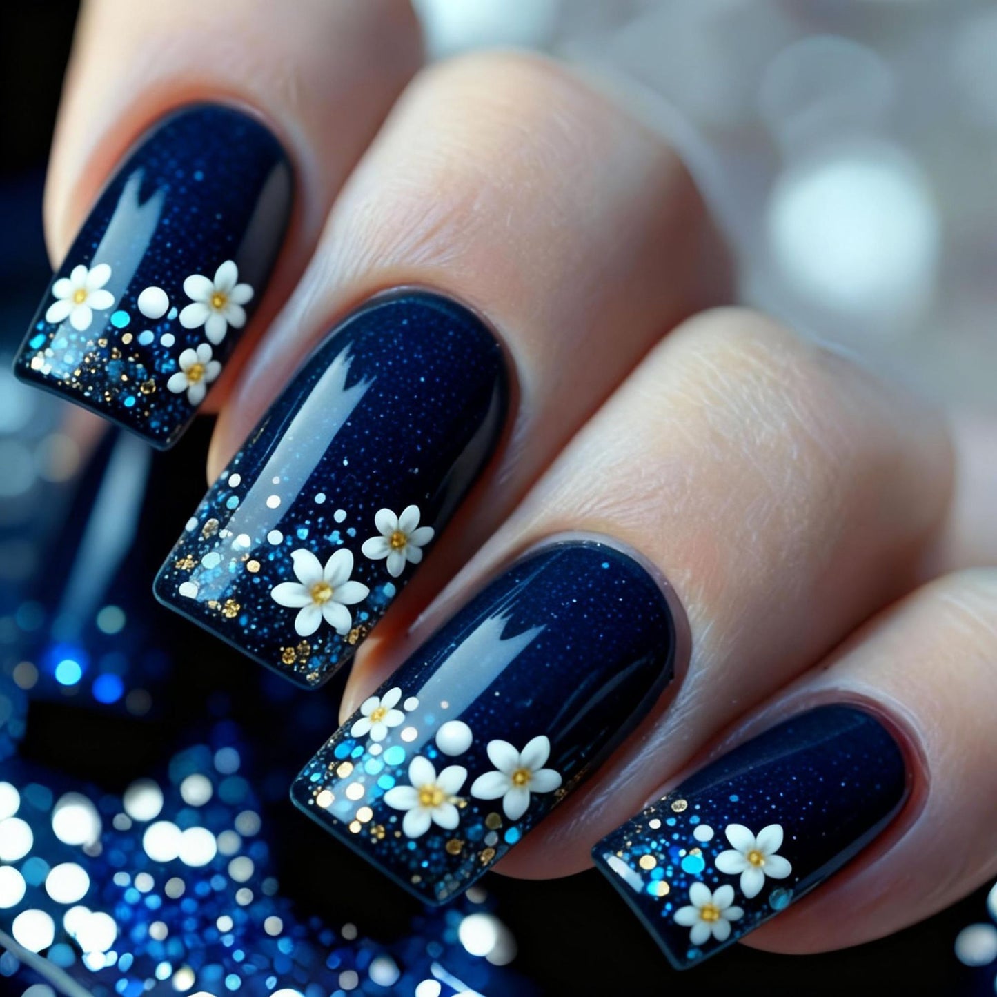 Kunstnagelset mit elegantem Blumendesign und Glitzerakzenten Brehn