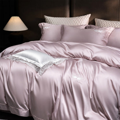 Luxuriöse Satin-Bettwäschegarnitur mit besticktem Schwanenmotiv und Spitzenkissen