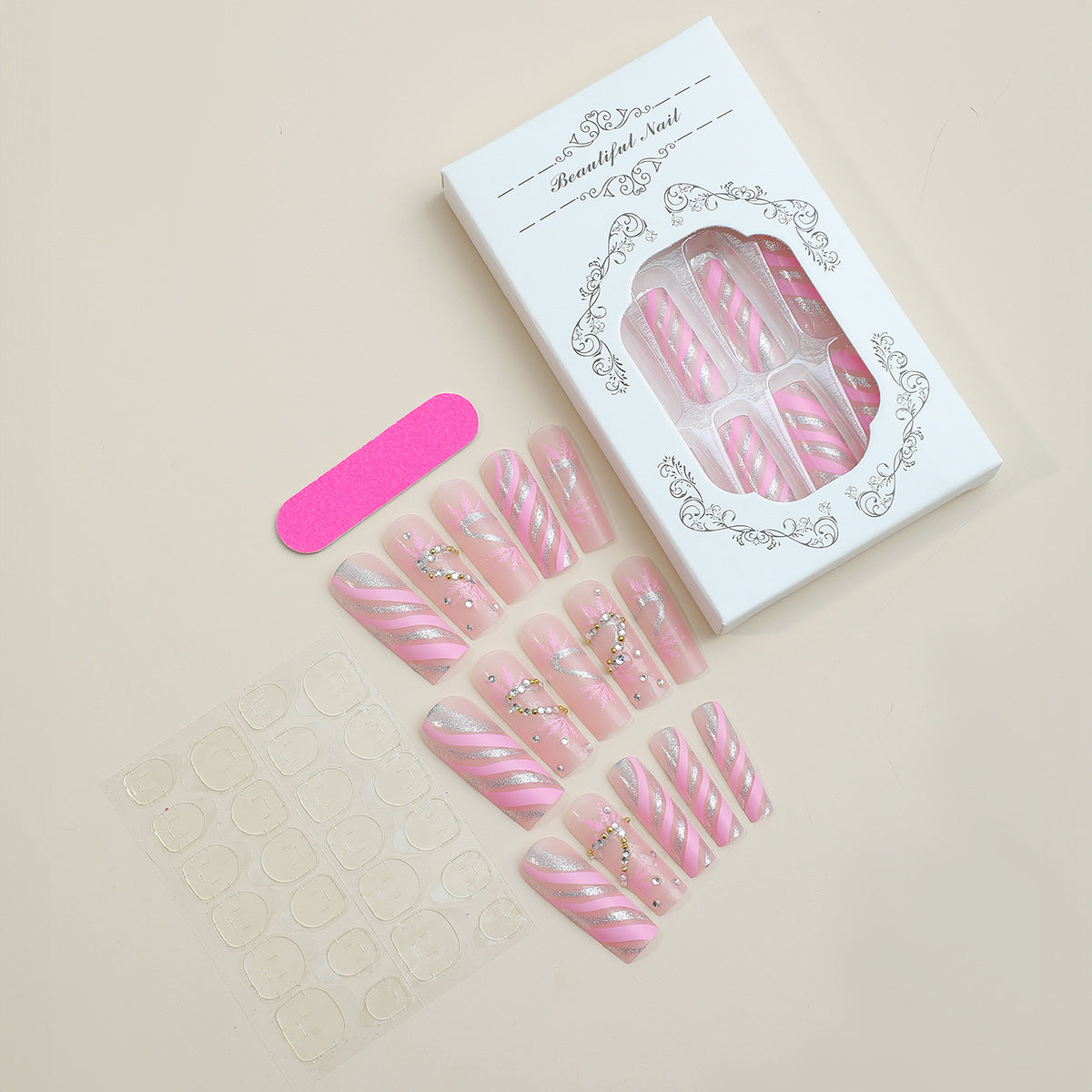 Dekorativer Press-On-Nagelsatz mit exquisite Glitterband-Design Brehn