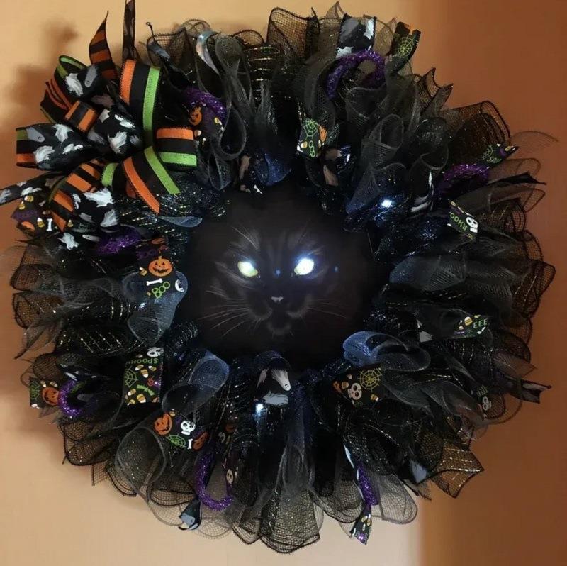 LED Illuminierte Halloween Katzenkranz