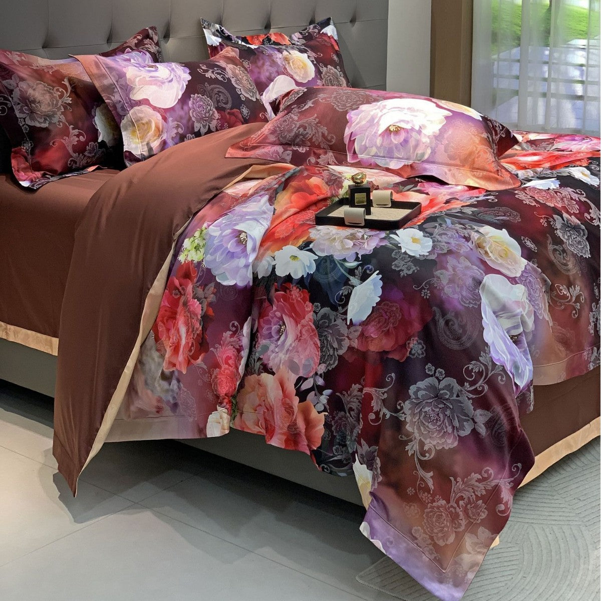 Florales Satin-Effekt Luxus Bettbezug und Kissenbezug Set