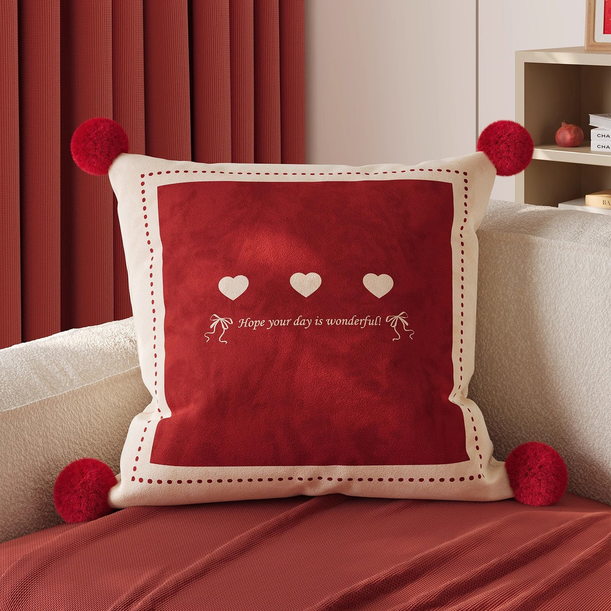 Decorative Square Throw Pillow Cover with Pom-Pom Corners and Cartoon Dog Illustration