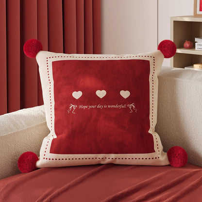 Decorative Square Throw Pillow Cover with Pom-Pom Corners and Cartoon Dog Illustration