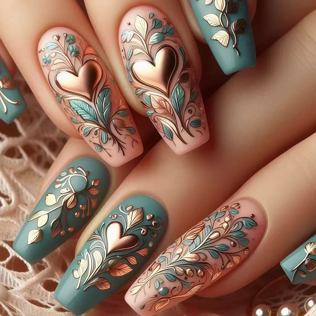 Kunstnagel-Set mit eleganter floralem 3D-Verzierung Brehn