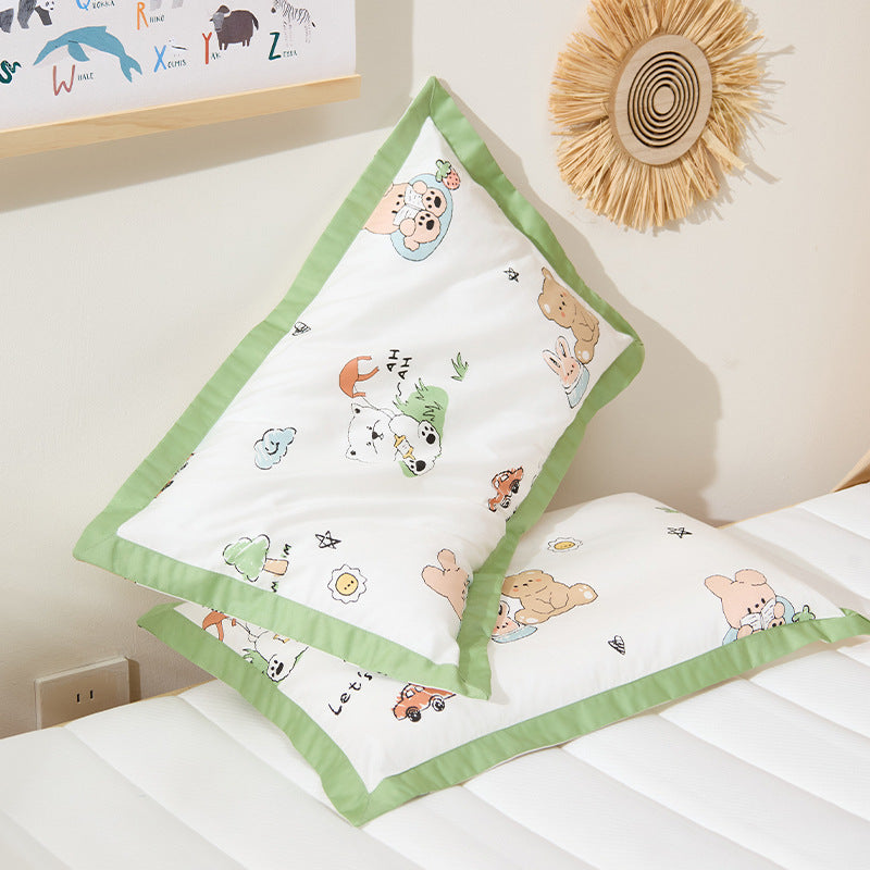 Dekoratives Baumwollkissenbezug-Set mit Cartoon-Tierdruck und Satinrand