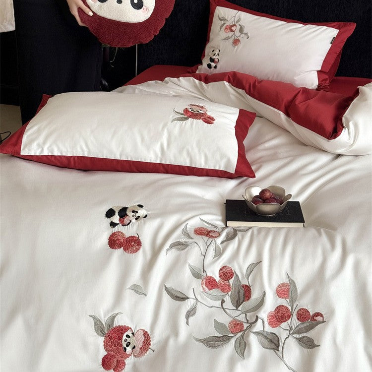 Bestickte Baumwollsatin-Bettwäschegarnitur mit floraler Apfel- und Panda-Applikation Brehn