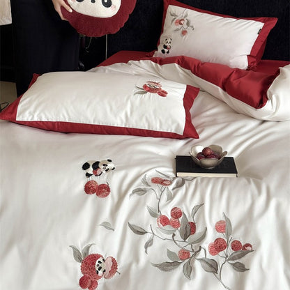 Bestickte Baumwollsatin-Bettwäschegarnitur mit floraler Apfel- und Panda-Applikation Brehn