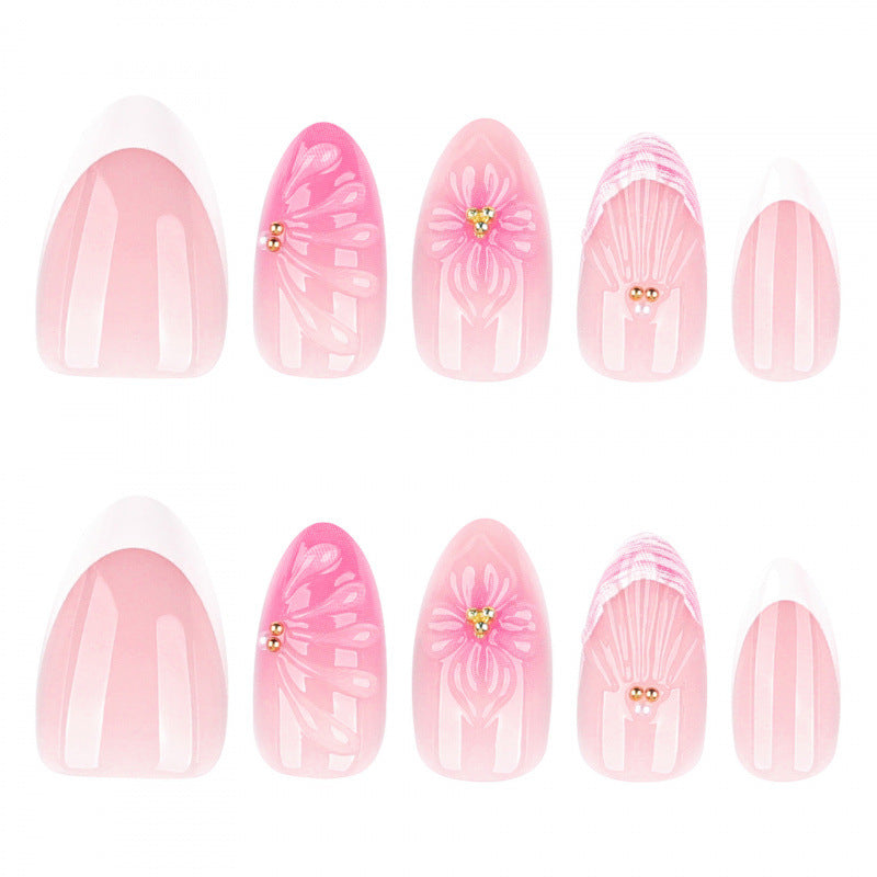 Künstlerisches Floral Press-On Nagelkunst Set mit Muschel- und Edelsteinakzenten Brehn