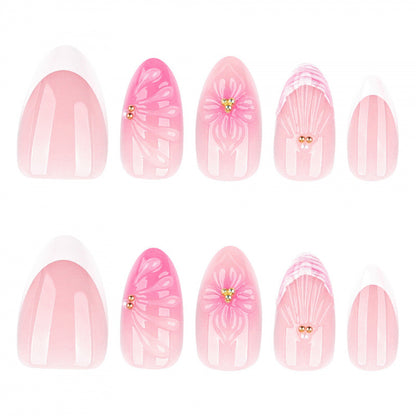 Künstlerisches Floral Press-On Nagelkunst Set mit Muschel- und Edelsteinakzenten Brehn