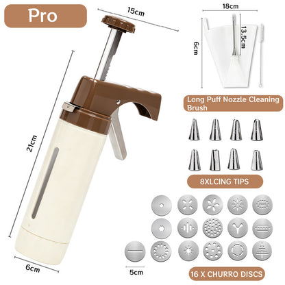Handheld Cookie Press and Churro Maker with Assorted Piping Discs and Stainless Nozzles