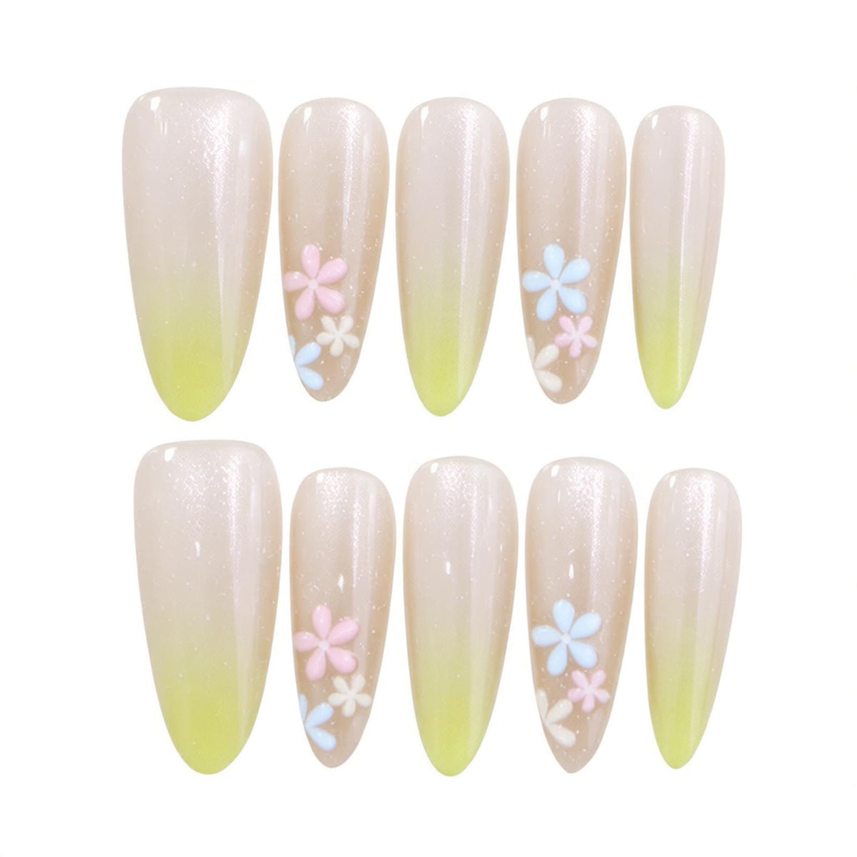 Elegante Ombre Press-On Nail Set mit floralen Akzenten Brehn