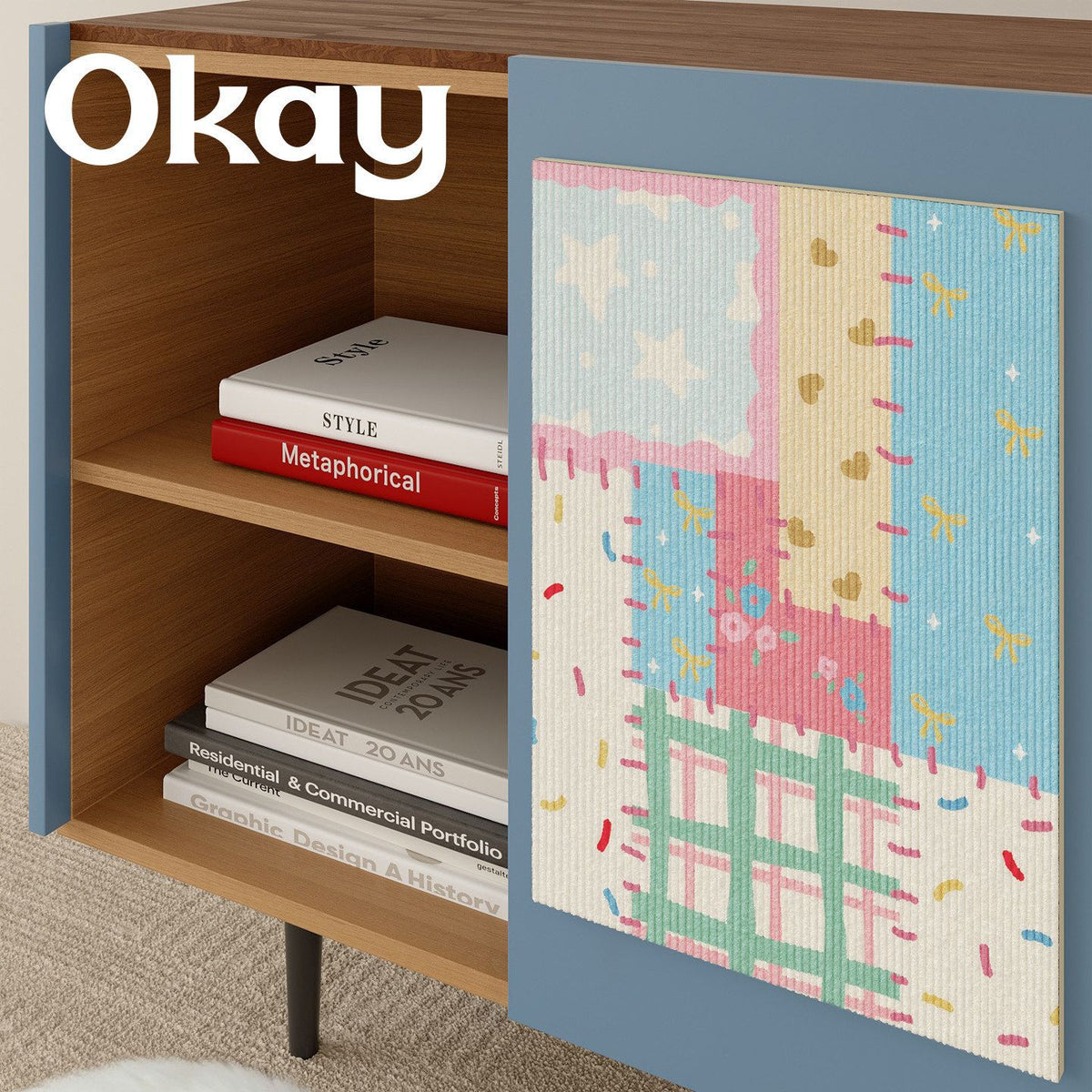 Patchwork Ribbed Textile Wall Art Panel with Kawaii Motif and Lightweight Hanging System