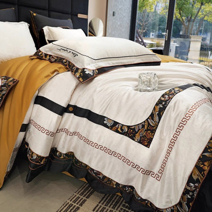 Luxuriöses Jacquard-Damaskus-Baumwollsatin-Bettbezug-Set mit Umschlag-Kissenbezügen