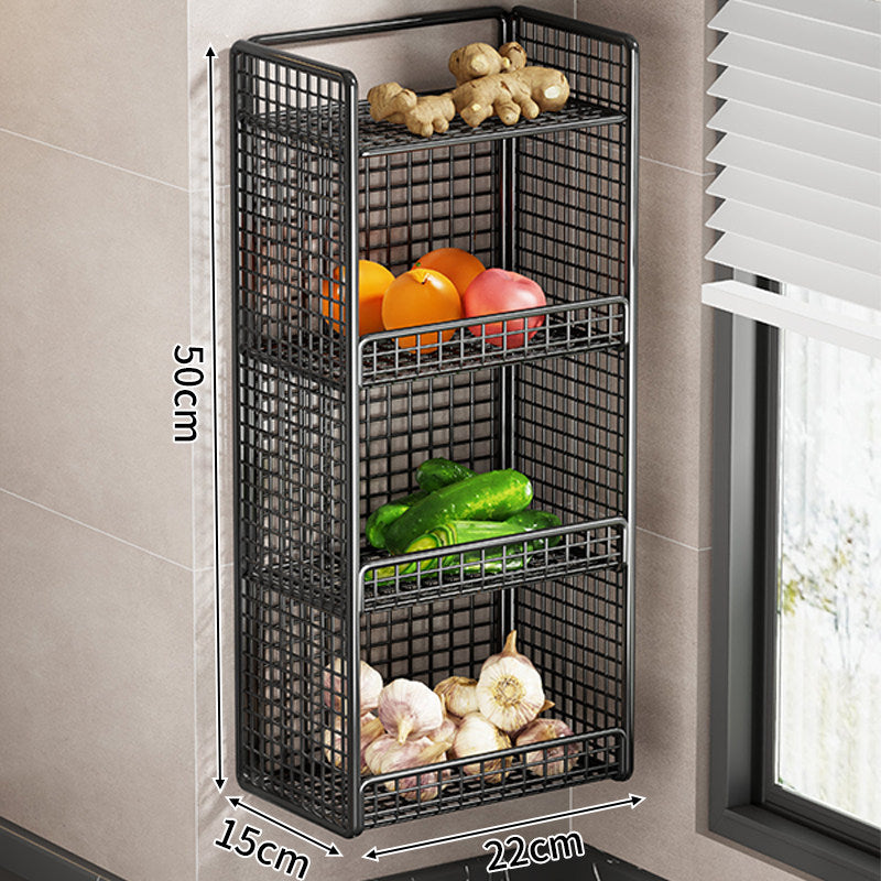 Wandmontierter dreistufiger Mesh-Küchenorganizer mit seitlichem Utensilienfach