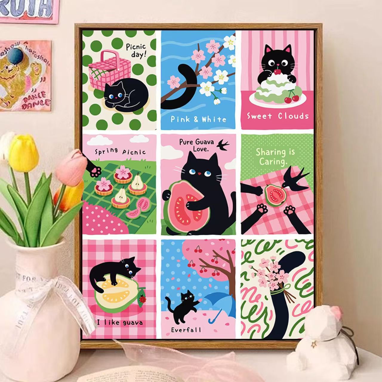 Verspielte katzenmotivierte illustrierte Wandkunst Brehn