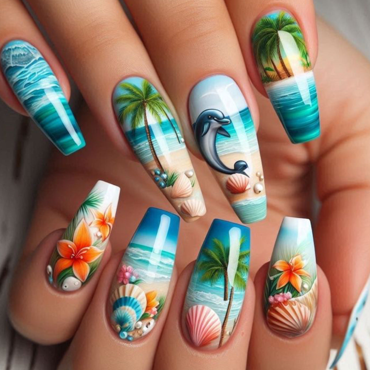 Ozean-inspirierte 3D-Nagelkunstverlängerungen Brehn
