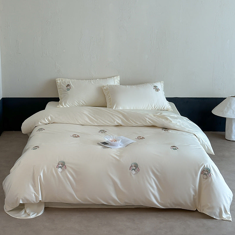 Seiden-Feeling Baumwoll-Satin Bestickte Hasen Bettdeckenbezug-Set