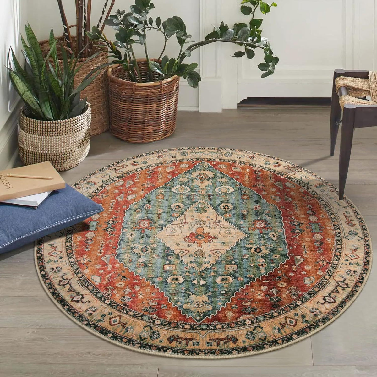Runder Vintage Blumen Teppich