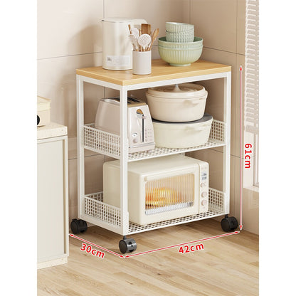 Kompakter Bamboo-Top Rolling Kitchen Utility Cart mit zwei Mesh-Korbregalen
