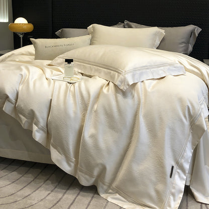 Premium-Baumwollsatin-Bettwäschegarnitur mit strukturierter Matelassé-Bordüre und Hotelverschluss