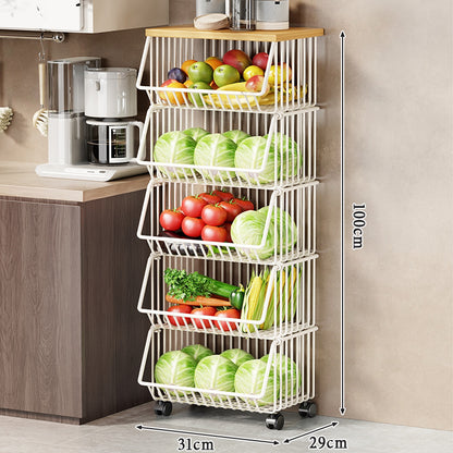 Multi-Ebenen Rollen Kücheneinkaufswagen für Obst und Gemüse mit Holzoberfläche