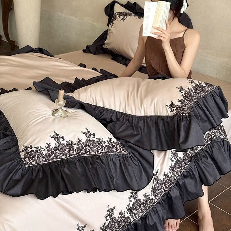 Luxuriöses Rüscheneingesticktes Bettwäsche-Set Bettbezug mit Kissenbezügen