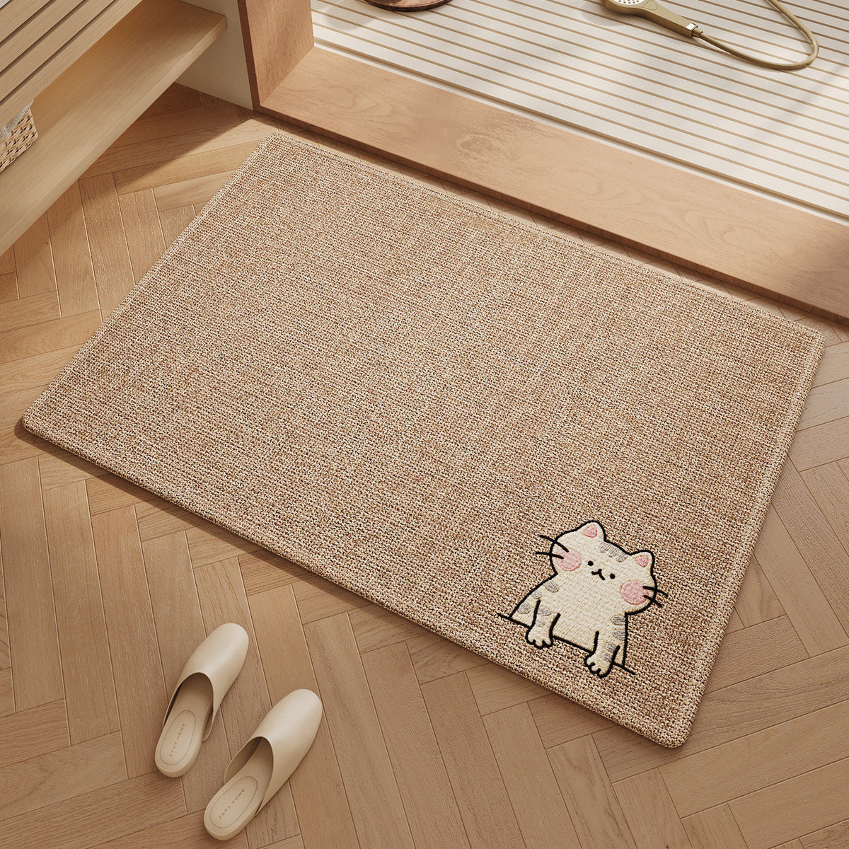 Absorbent Non-Slip Entrance Doormat with Woven Jute-Look Texture and Embroidered Peeking Cat Accent