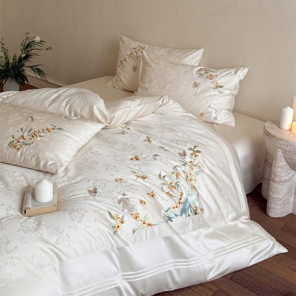 Besticktes florales Satin-Effekt Bettbezug-Set mit Jacquard-Motiv