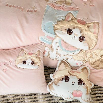 Plüsch Bestickte Cartoon Katze Bettwäsche Set mit Dekokissen und Plüschkissen
