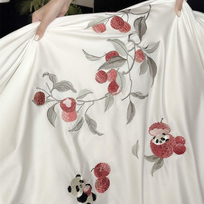 Bestickte Baumwollsatin-Bettwäschegarnitur mit floraler Apfel- und Panda-Applikation Brehn