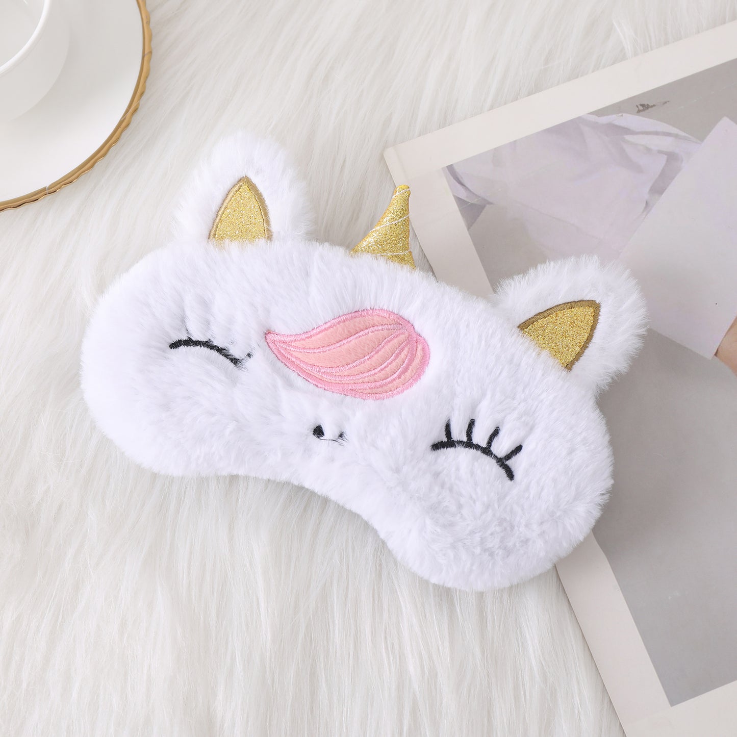 Damen nan kuschelige Einhorn-Schlafmaske mit gestickten Wimpern, weichem Plüsch und elastischem Rüschenband Brehn