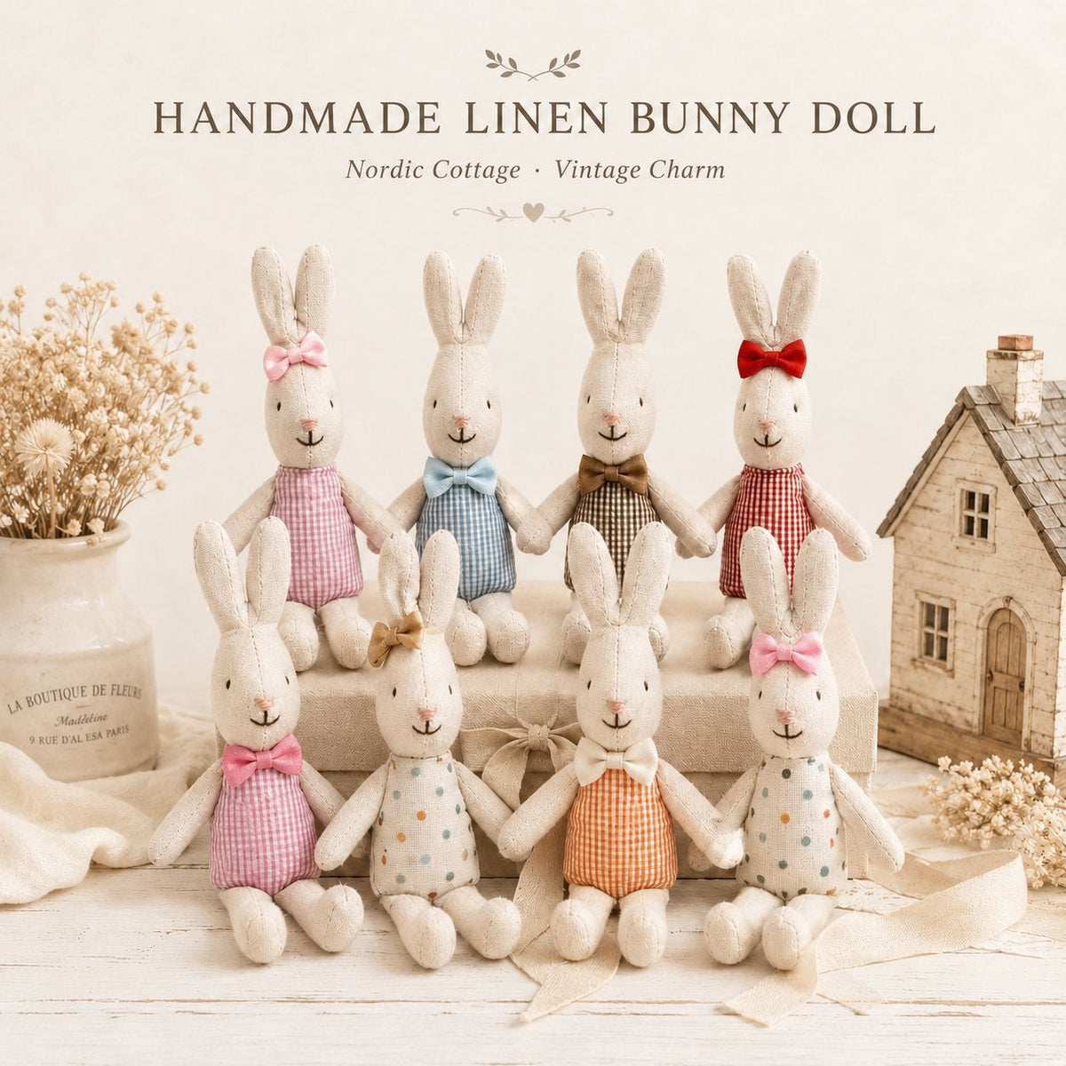 Handgenähte Leinen-Hasen-Schnuffeltuch-Puppe mit Karo-Taschenkleid